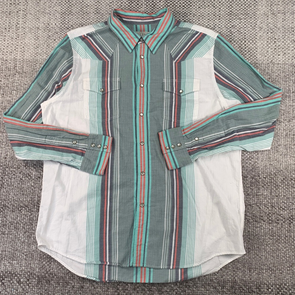 Tecovas Western Shirt Mens XL Green White Striped Pearl Snap Cotton Herringbone